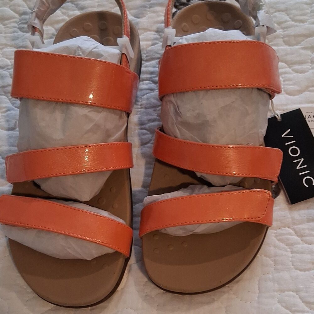 NEW Vionic Women's Strappy Sandals Orange Rubber Flat Solid
